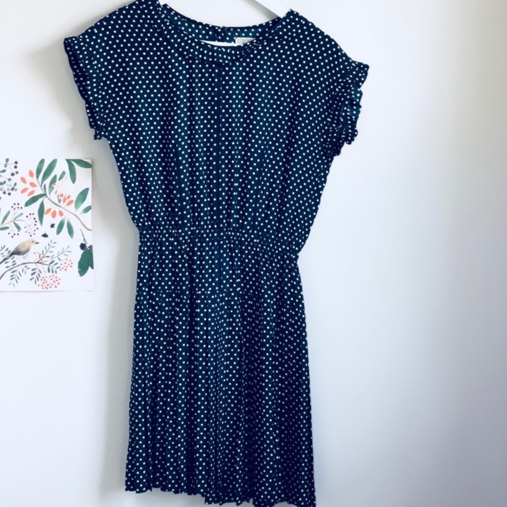 Madewell Alexa Chung sz 0 blue polka dot 100% silk tea dress drop waist pleated - Picture 3 of 8